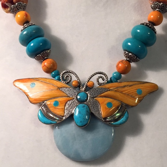 Hand Crafted Jewelry - Beautiful handmade stone and shell inlayed butterfly necklace